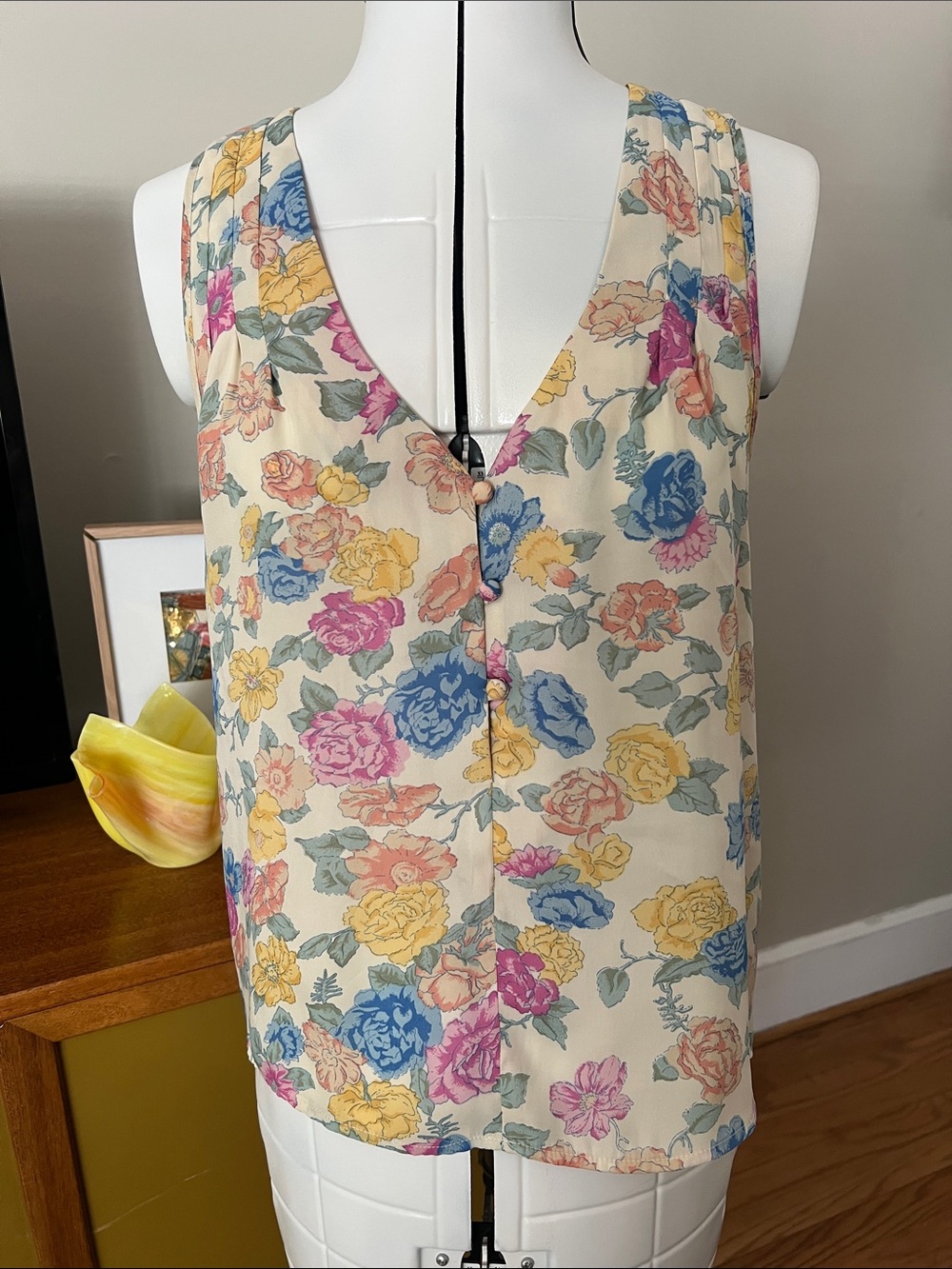 Floral V-Neck Sleeveless Camisole - Cream with Pink, Blue & Yellow Blooms